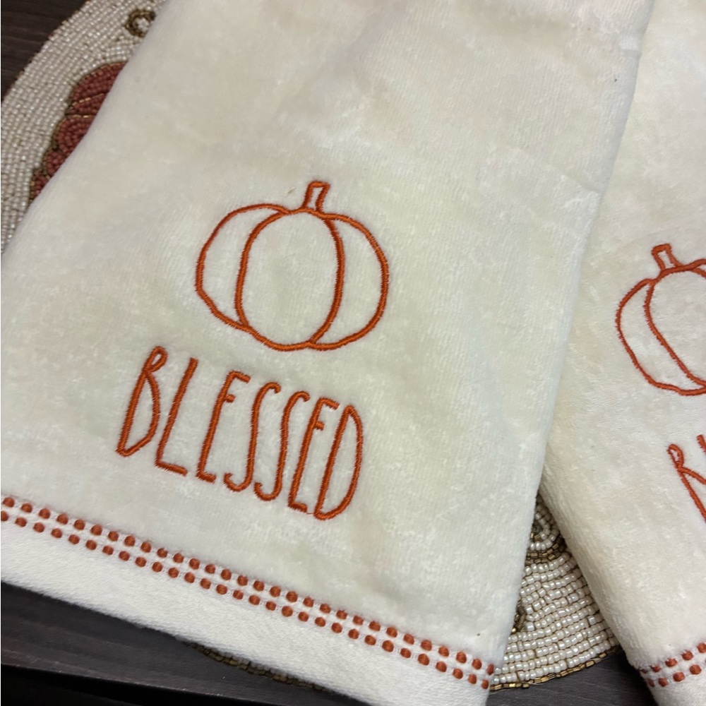 Rae Dunn Cream and Orange 'Blessed' Hand Towels